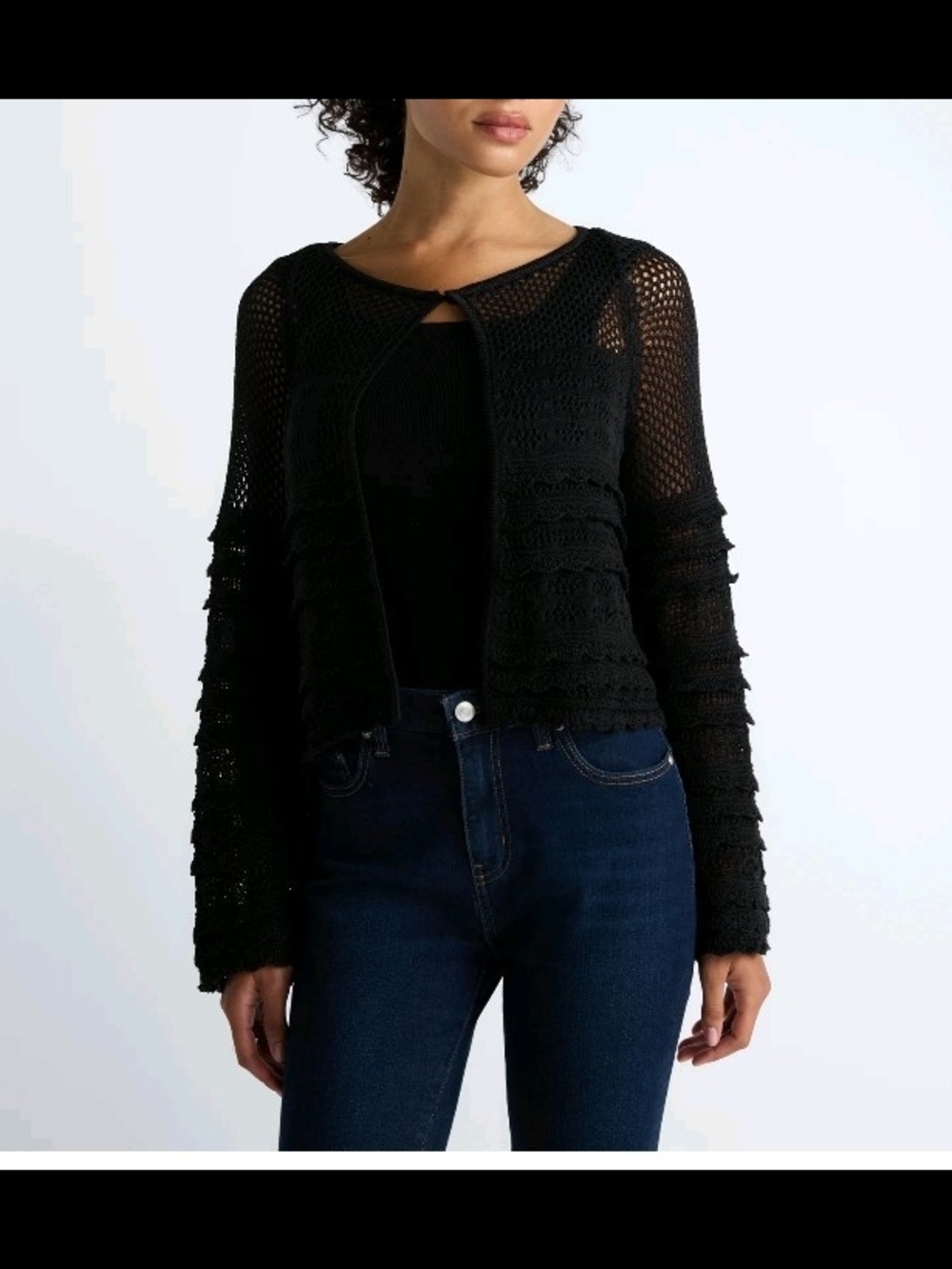 NWT Scoop Black Crochet Knit Ruffle Crop Cardigan Open Front Shrug Sweater S 4-6